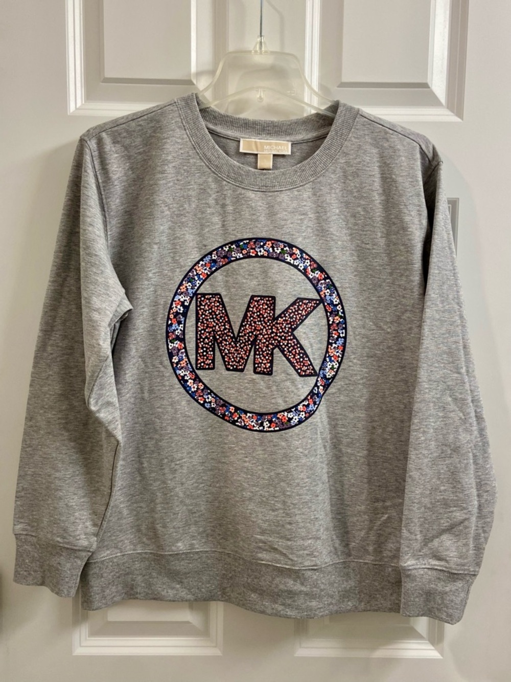 Michael Kors Pearl Heather Gray Sweatshirt with Multicolor Floral MK Print